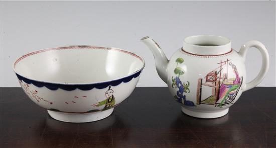 A Worcester Lady and the Loom teapot and a Liverpool bowl, c.1765-75, diameter 16cm